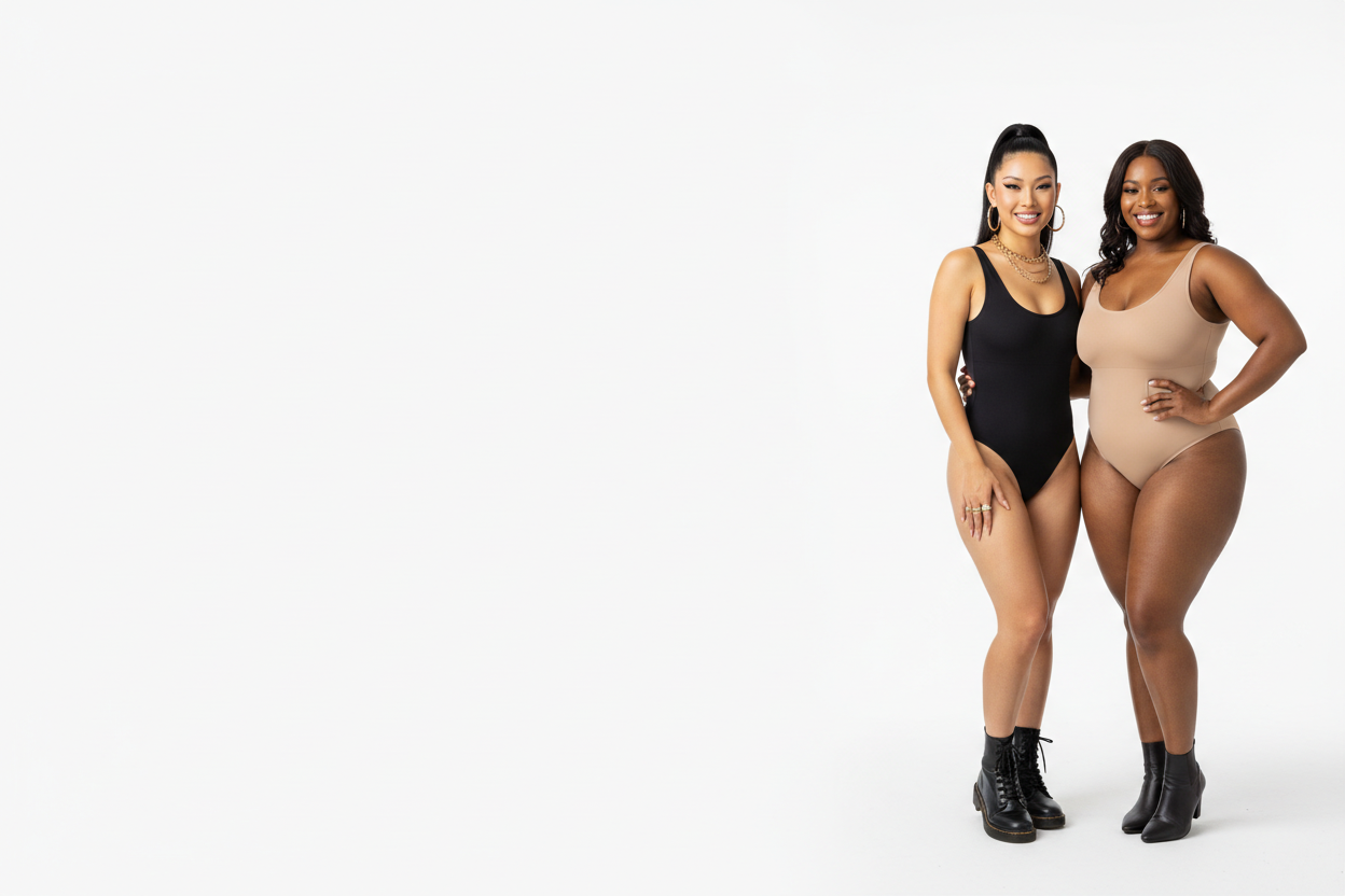 change the asain model to be an abg wearing black shapewear body suit. keep the positioning the same